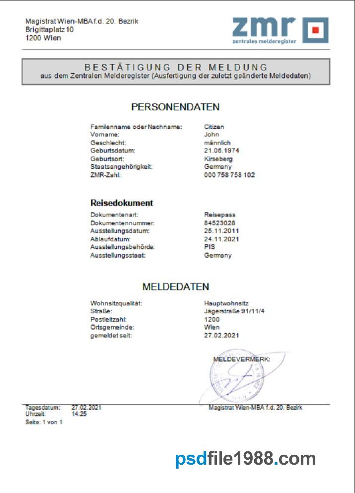Austria ZMR Zentrales Melderegister Word Template